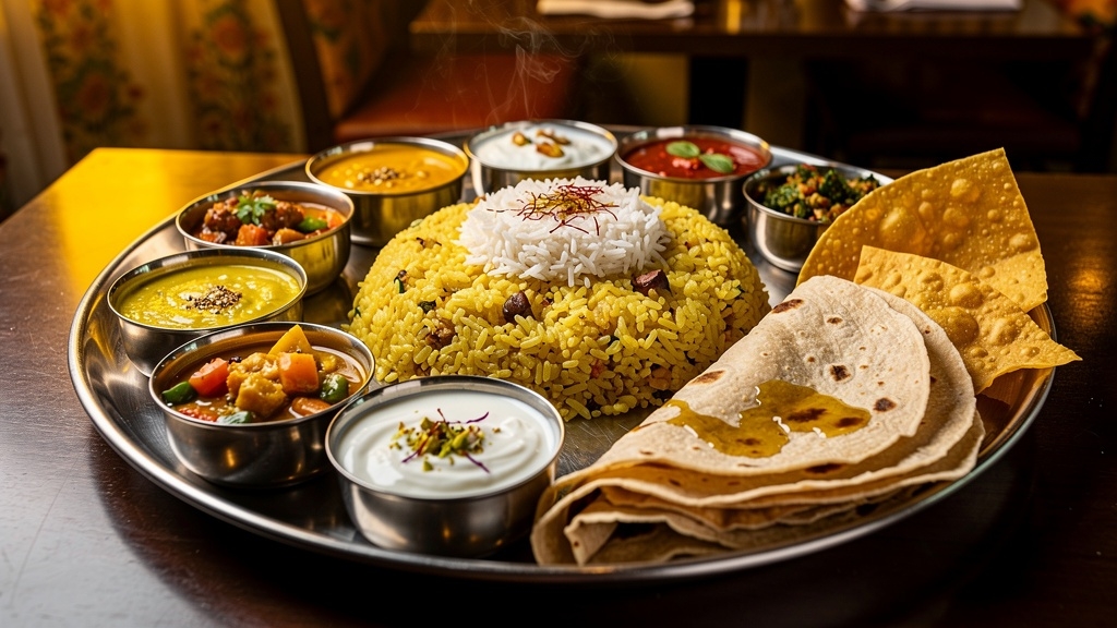 Traditional Gujarati thali with multiple dishes including dal, sabzi, rotis, shrikhand and rice served in steel bowls