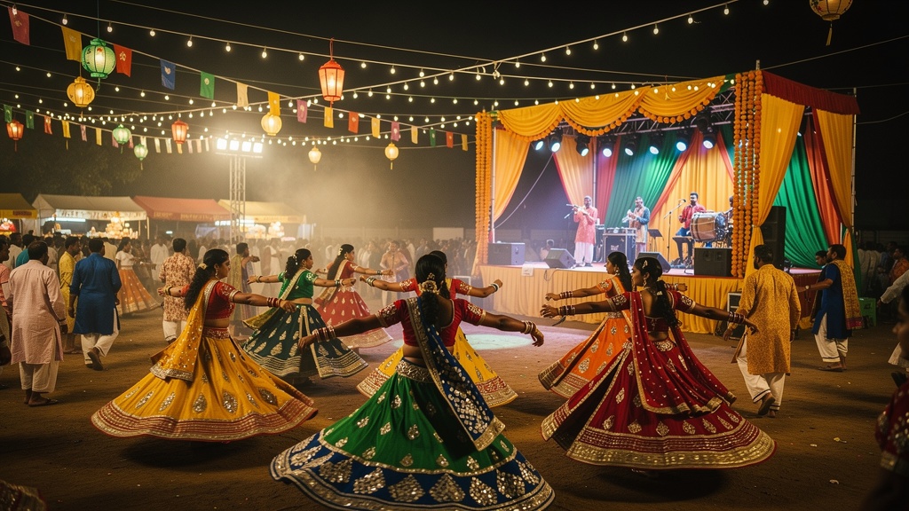 Colorful Navratri Garba dance celebration in Sanand Gujarat with women in traditional chaniya choli