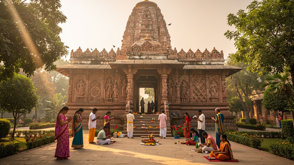 Ancient Hindu temple in Sanand Gujarat with devotees praying at sunrise